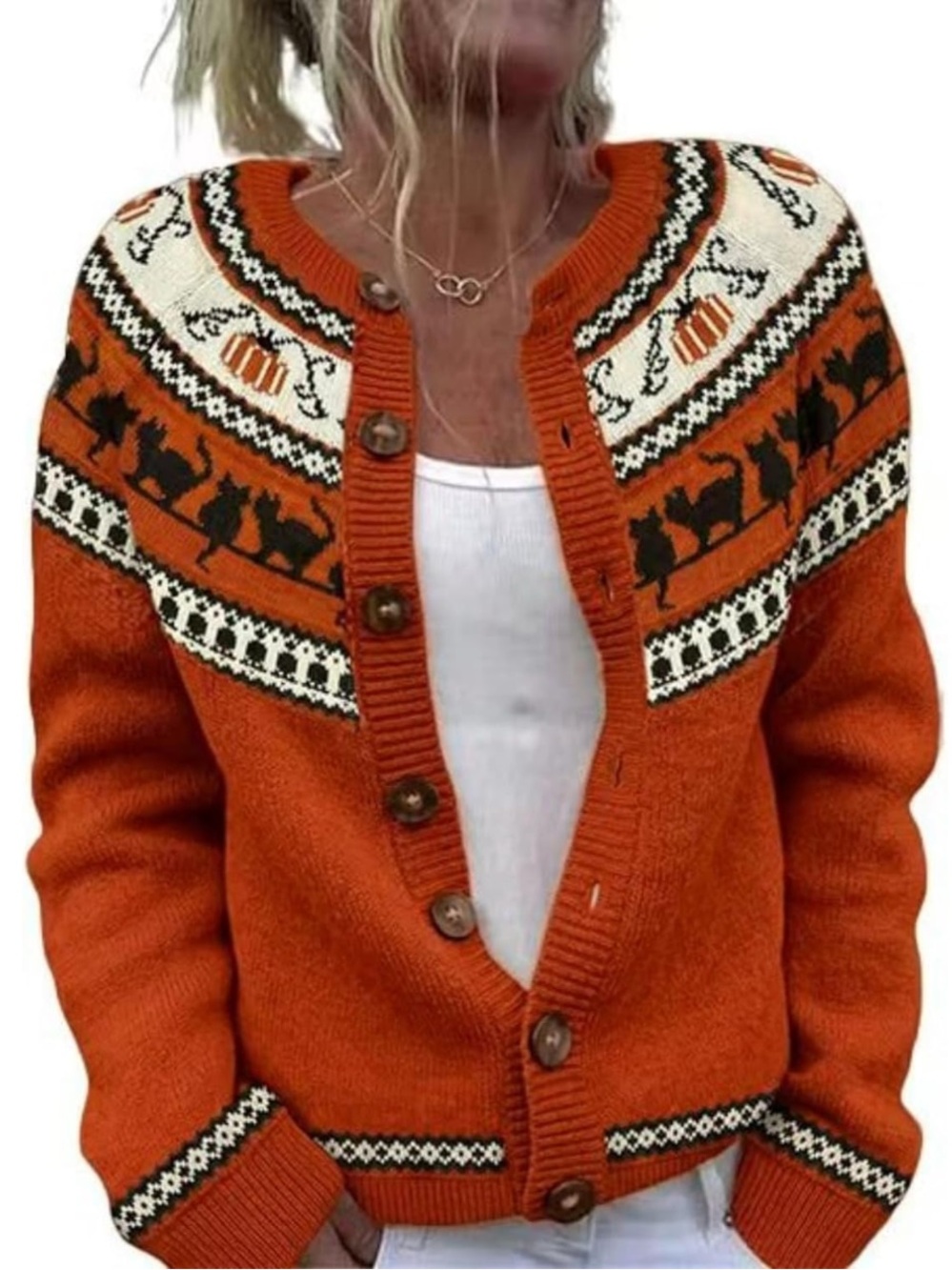 Halloween Cat Pumpkin Fair Isle Button-Up Cardigan Sweater